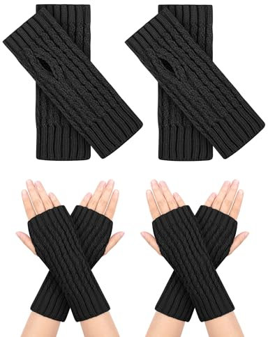 MELLIEX 2 Paar Fingerlose Handschuhe, Warm Pulswärmer mit Daumenloch Strick Handstulpen Winter Unisex,Schwarz + Schwarz