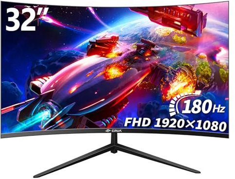 CRUA Gaming Monitor 32 Zoll 180Hz,165Hz 1K,1500R Rahmenloses Curved Monitor, PC Monitor Bildschirm 99% sRGB, 1ms GTG mit FreeSync, geringes blaues Licht, VESA-Montage (HDMI,DP)