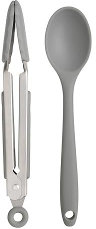 Wiltshire Silicone Mini Kitchen Tongs & Serving Spoon, Set of 2, Cooking Spoon & Serving Tongs, Salad BBQ Tongs Stainless Steel, Heat-Resistant Utensil, Non-Stick, Non-Scratch, Pebble Grey