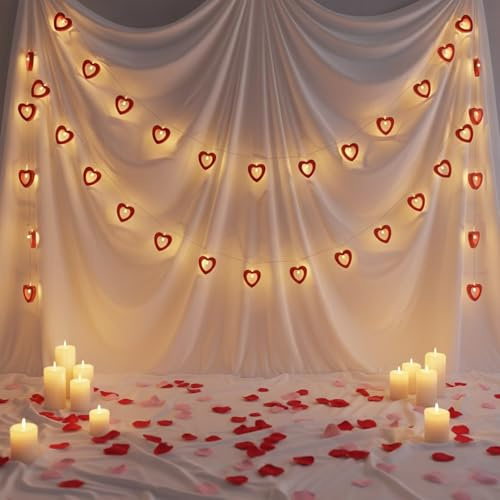 LED Heart Fairy Lights - 8 Wooden Red Heart String lights |1.5m Clear Cable, Battery-Powered (2 x AA, Not Included) | Warm LED Illumination for a Cozy Atmosphere | Valentine's Day, Weddings, Décor
