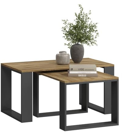 Wohnzimmertisch 2er Set in 2 Größen – Moderner Couchtisch 90x50x44 cm und 65x50x40 cm, Grafit/Eiche Wotan