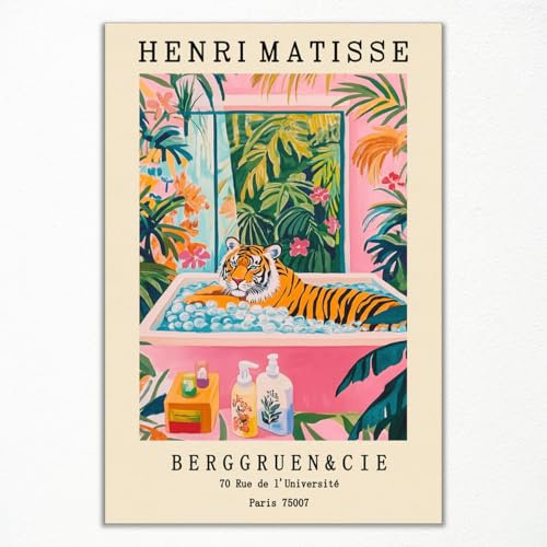 Vintage Henri Matisse Leinwandbild, Tiger in Badewanne, lustiges Badezimmerposter, süßer Tiger-Tierdruck, rosa-grünes Dopamin-Strand-Wanddekor, tropisches botanisches Blumenbild 30x40cm ungerahmt