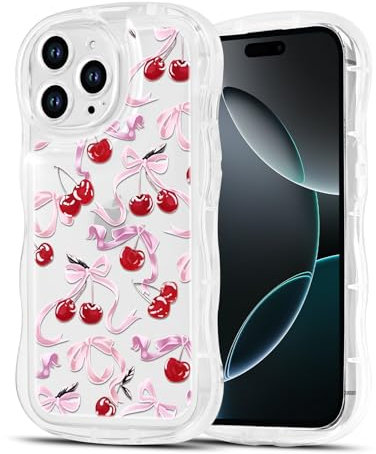 Phoona Bow Cherry Case for iPhone 16 Pro 6,3, Cute Curly Wave Girly Preppy Aesthetic Design Wavy Pattern, Clear Phone Case Anti-Yellowing Shockproof Protective Cover for Girls Women, Pink02