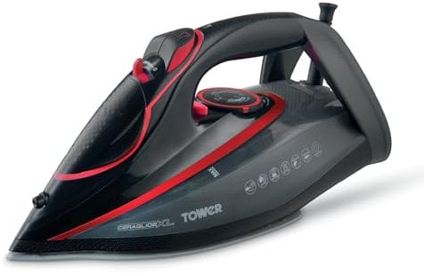 Tower T22032RED Steam Iron with Ceraglide XL Ceramic Soleplate, Adjustable Temperature Control, Anti-Drip & Anti-Calc, Auto Shut Off 350ml Water Tank, 3100W, Red & Black
