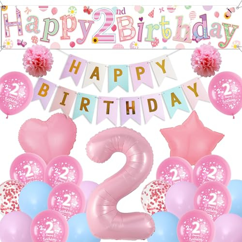 Sroeeshee 2nd Birthday Decorations Girls - Pink Large Happy 2nd Birthday Yard Banner, Stars Number 2 Foil Balloons and Paper Pompoms for 2 Year Olds Party