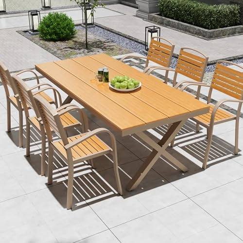 Gartenmöbel-Set, 6 stapelbare Stühle & Biertisch mit Rückenlehne, Naturholz, Sitzgruppe für Terrasse & Balkon, 150 x 90 cm, Bierzeltgarnitur