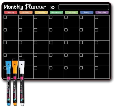 KIRZAX Magnettafel Schwarz Kalender (42x30cm) für Kühlschrank, mit 3 magnetischen Neon-Kreidemarkern – ideal für To-Do-Liste, Aufgabenplaner & einkaufsliste magnetisch
