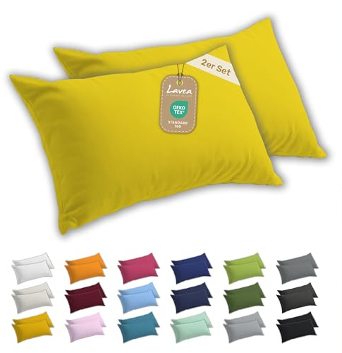 Lavea® 2er Set Kissenbezug 40x80 - Sonnengelb | 100% Baumwolle Jersey – Weiche Kissenhülle & Kopfkissenbezüge, OEKO-TEX® Standard