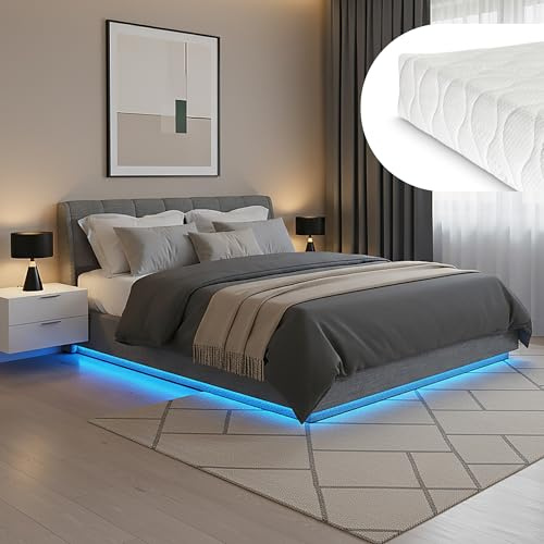 [en.casa] Polsterbett 180x200 cm Tröstiar mit Matratze und LED-Beleuchtung Doppelbett mit Kopfteil und Stauraum Bettkasten Lattenrost Leinen Anthrazit