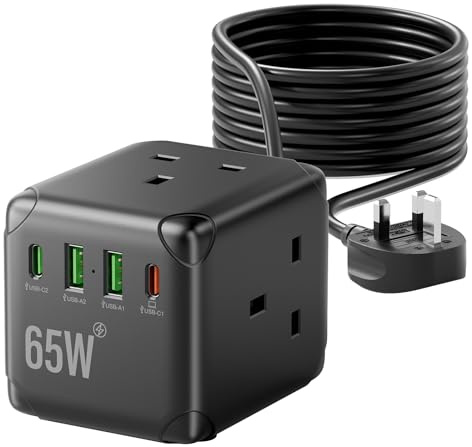 5M Cube Extension Lead with USB C Slots PD65W, 3 Way Multi Plug Power Strip with Switch, Overload Protection Extension Cable with 4 USB Ports(2 Type-C), Long Extension Lead for Office, Home, black
