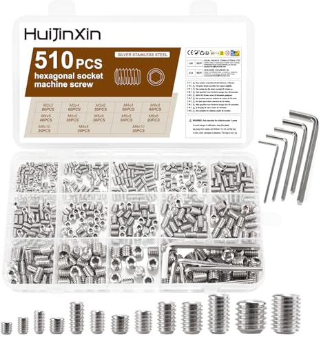 510 Stück Madenschrauben Set, Madenschrauben Türklinke, Edelstahl Innensechskant Gewindestifte Sortiment, Gewindeeinsatz Sechskantkopf Schrauben für Türgriffe, mit Schlüssel (Rostfreier Stahl)