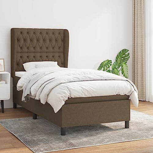 QJBSAVVA Boxspringbett 100x200 Dunkelbraun mit Matratze & Topper, verstellbares Kopfteil, Taschenfederkern, Jugend/Gästezimmer