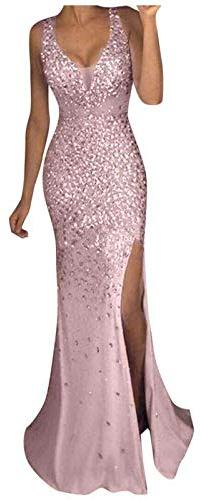 Maxi abito da sera da donna con scollo a V profondo e paillettes in tulle elegante glitterato per cocktail party
