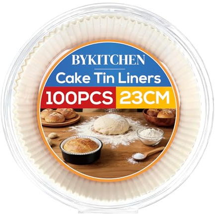 BYKITCHEN 9 Inch Round Cake Tin Liners, Baking Parchment | 9 Inch Round Cake Tin Liners for 23cm Springform Tins, Disposable Greaseproof Parchment Supports Baking and Air Fryer Cakes