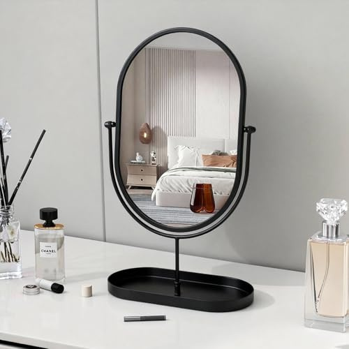 Hosoncovy Oval Desktop Mirror Metal Frame Dressing Table Tabletop Makeup Mirror with Storage Tray Free Standing for Bathroom Bedroom (Black)