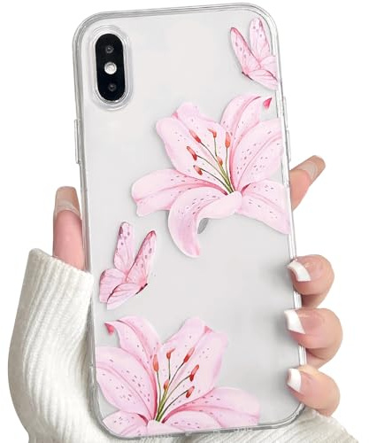 NITITOP for iPhone XS Max Case Clear Cute Flower Lily, Pink | for Women Girls, Aesthetic Floral Butterfly Design, Transparent Soft TPU Shockproof Cover, Full Camera Protection