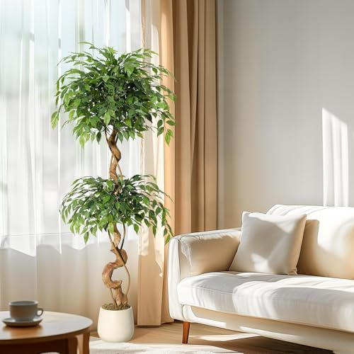 Aptliton Artificial Ficus Tree 150cm, Realistic Faux Weeping Fig Tree with Curved Wooden Trunk, Lifelike Silk Leaves, Potted Indoor Floor Plant with White Pot&Moss, Tall Decorative Tree for Home Décor