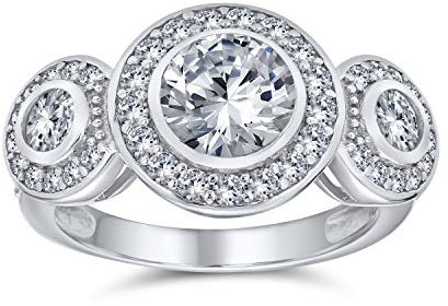Personalisiert Art Deco Vintage Stil Vergangenheit Gegenwart Zukunft Drei Steine Circlet Halo AAA Zirkonia Runde Solitär Verlobungsring für Frauen .925 Sterling Silber Anpassbar