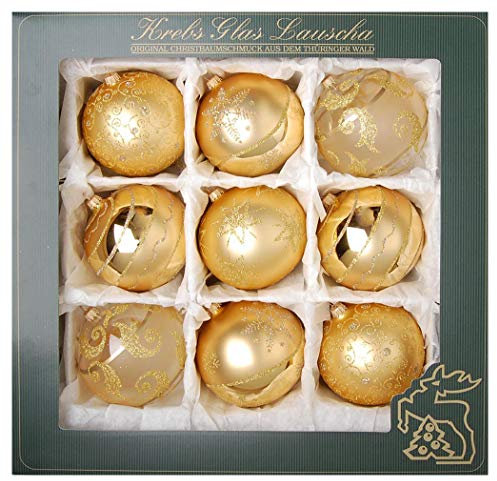 Krebs Glas Lauscha - Weihnachtsdekoration/Christbaumschmuck aus Glas - Satin-Glaskugelsortiment - Farbe: Gold - Inhalt: 9 Stück - Größe: ca. 10 cm