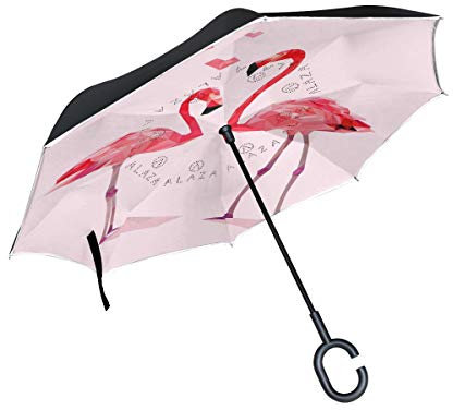Regenschirm mit Flamingo-Motiv, umgekehrt, doppelschichtig, winddicht, selbststehend, UV-Schutz, nicht automatisch, groß, gerade, auf dem Kopf, C-förmiger Griff für Auto