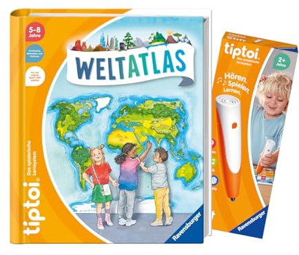 tiptoi Ravensburger Set: Weltatlas (Kinderbuch) + 00110 Stift mit Weltkarte, Lernspielzeug für Kinder ab 5 Jahre