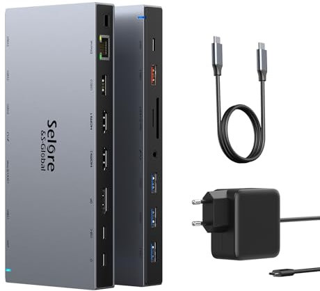 USB C Docking Station Mit 65W Netzteil - Laptop Dockingstation Triple Display Mit 4K Dual HDMI, DP, 100W PD, Ethernet, 10Gbps USB 3.1, 3 USB3.0, SD/TF, Audio/Mic