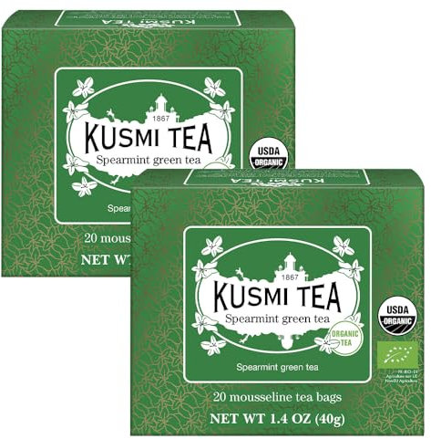 Kusmi Tea - Vert à la Menthe Bio - Lot de 2 boîtes - Mélange Biologique de Thé Vert Gunpowder et Menthe Poivrée - À Déguster Chaud ou en Thé Glacé - Thé Vert Aromatisé - 2x20 Sachets de Thé