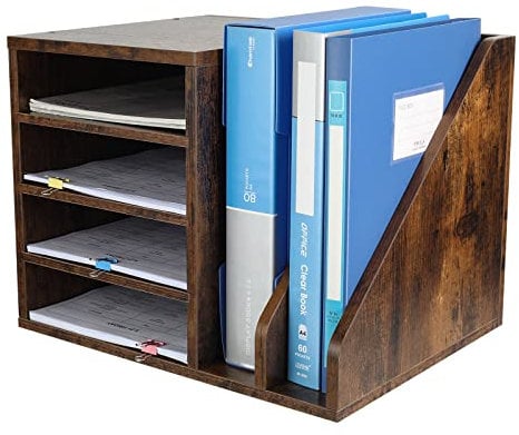 EasyPAG 6 Compartiments Bois Corbeilles à Courrier A4 Banette de Rangement Bureau Porte Revue Organisateur de Magazine Range Document Bannette Papier,Marron