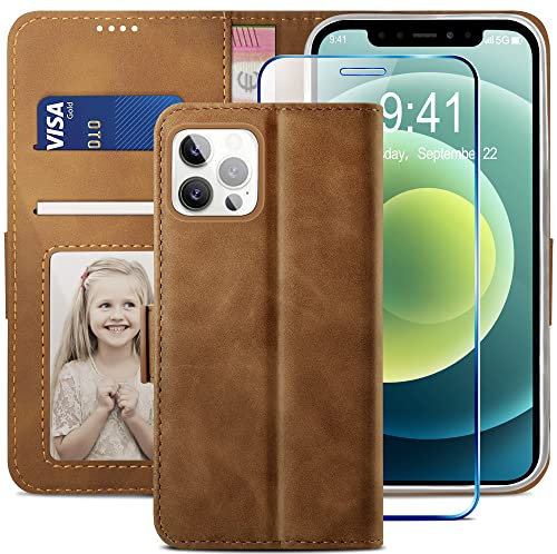 YATWIN Case Compatible for iPhone 12/12 Pro, Magnetic Closure Flip Leather Wallet Case with Tempered Glass Screen Protector Kickstand Phone Cases Cover Compatible for iPhone 12/12 Pro - Brown