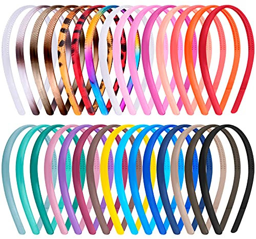 Duufin 30 Stück Kunststoff Stirnbänder Mit Zähnen - 0.8cm Dünne Plain DIY Haarreifen für Damen Mädchen, 30 Farben