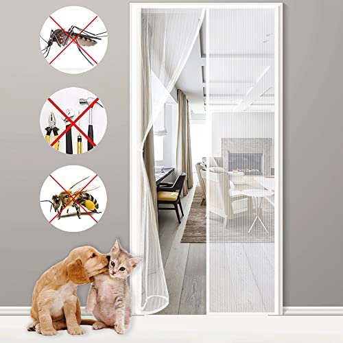 Moustiquaire Porte Magnétique, 80x215cm Moustiquaire Aimantée Porte Maille Ultra Fine, Rideau Anti Mouches pour Porte Fermeture Automatique Blanche