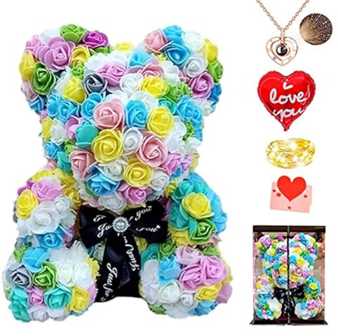 xixi-home Ours en Rose,Fleur Ours,25 CM Nounours en Rose Cadeau Rose Eternelle Saint Valentin Ours à Fleurs avec lumière LED Carte Cadeau, Coffret Cadeau,Anniversaire Fete des Meres