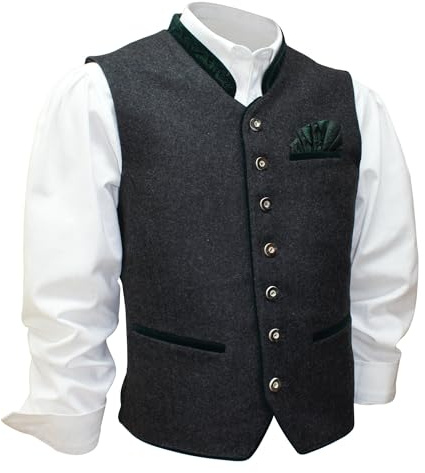 Weste Trachtenweste Loden Trachten Gilet Lodengilet Lodenweste edel Trachtengilet ärmellos Tracht anthrazit dunkelgrau Brokat Stecktuch Fest Musik Anlass Hochzeit