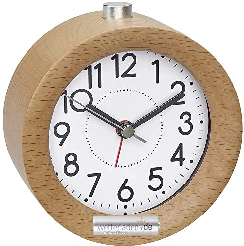 TFA Dostmann Analoger Wecker aus Holz, 60.1039.05, leises Uhrwerk, aus Buche, Weckalarm mit Snooze-Funktion