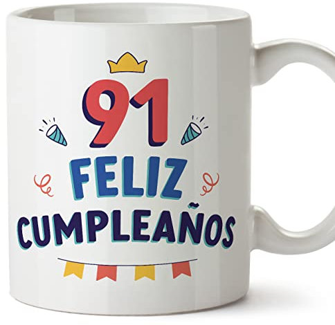MUGFFINS Tazas 91 Cumpleaños - En Español - ¡Feliz Cumpleaños! - 11 oz / 330 ml - Regalo original y divertido
