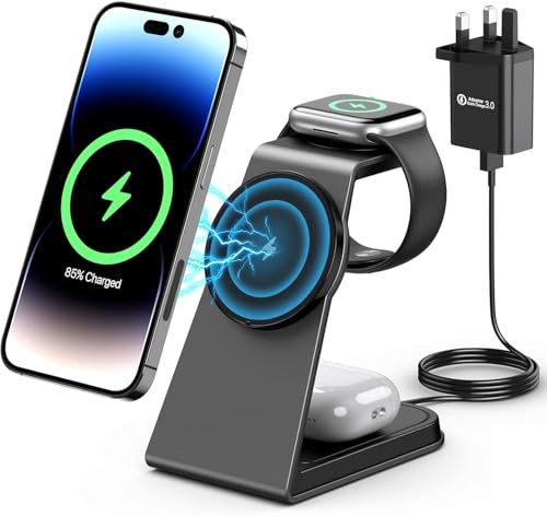 3 in 1 Wireless Charging Station for MagSafe,Aluminum Alloy Magnetic 15W Fast for MagSafe Charger Stand Compatible with iPhone 16/15/14/13 Series,Apple Watch Series,Airpods 3/2/pro