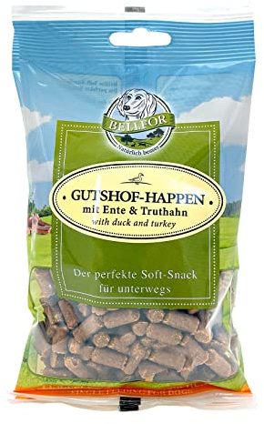 Bellfor Gutshof-Happen getreidefreie Soft-Snack für Hunde mit hoher Verdaulichkeit ohne tierische Nebenerzeugnisse 200 g (Ente & Truthahn)