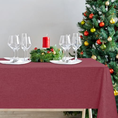 DWCN Rot Tischdecke Leinenoptik 135x135cm Abwaschbar Outdoor Wetterfest | Tischwäsche Wasserabweisend Fleckschutz Weihnachten Tischtuch Esszimmer Garten Party Hochzeiten Geburtstagsfeier Ganzjährig