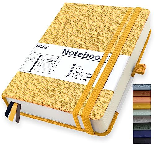 Mlife A5 liniert Journal Notizbuch,360 Seiten Und 100g/M² Tintenfestes Papier,Hardcover Collegeblock Notizblock,Notizbücher Mit Falttasche Für Büro Schule Zuhause Schreiben&Notizen(Gelb)