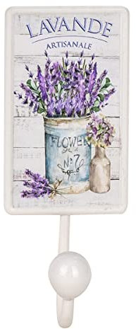 ROCKING GIFTS Portemanteau Mural Cintre Simple Métal Blanc Fleurs Lavande, Cintre pour Entrée, Cuisine, Salle de Bain, Décoration Rustique, 18 cm
