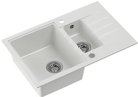 QUADRON Fregadero de cocina de doble cuenca, tamaño 78 x 50 x 20 cm, color blanco y acero, granito PETER 156, fregadero doble, armario bajo a partir de 60 cm