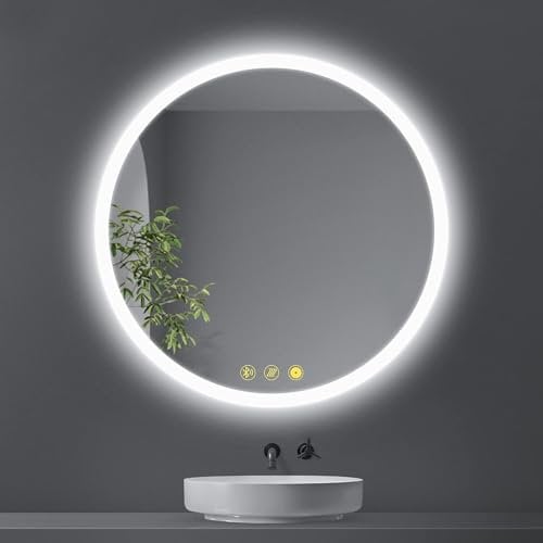 AI-LIGHTING Badspiegel mit Beleuchtung Bluetooth Rund 60 cm Badezimmer Spiegel mit Led Licht, 3 Lichtfarben, Beschlagfrei Beleuchteter Badspiegel mit Memoryfunktion für Badzimmer,Schlafzimmer
