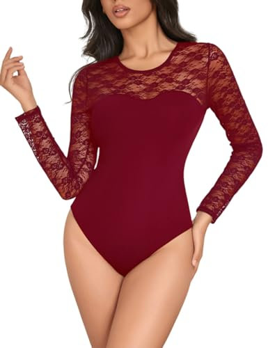 ohyeahlady Women Red Bodysuit Long Sleeve Going Out Tops Round Neck Body Suit Slimming Sheer Mesh Lace Curve Leotard Clubwear Jumpsuit UK 14