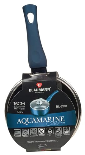 BLAUMANN Cookware Bratpfanne, Kochtopf, Kasserolle, weicher Griff, Deckel (Aquamarin, 16 x 7 cm, Stielkasserolle mit Glasdeckel)