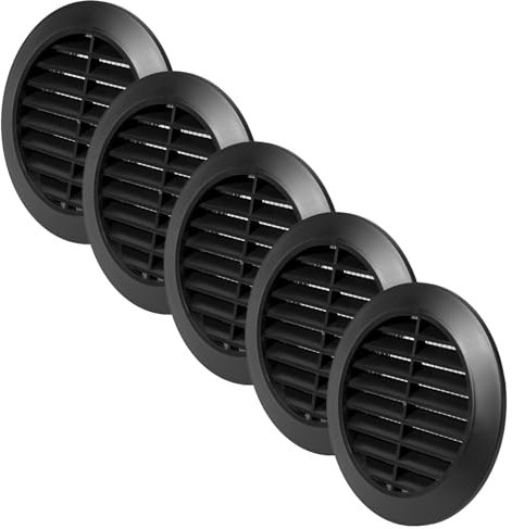 Vent Systems 80 mm / 3.15'' Inch - Black Pack of 5 Air Vent Cover - Round Air Vents - Ventilation Grille - Integrated Insect Screen - HVAC Vents for Bathroom, Home Office, Kitchen