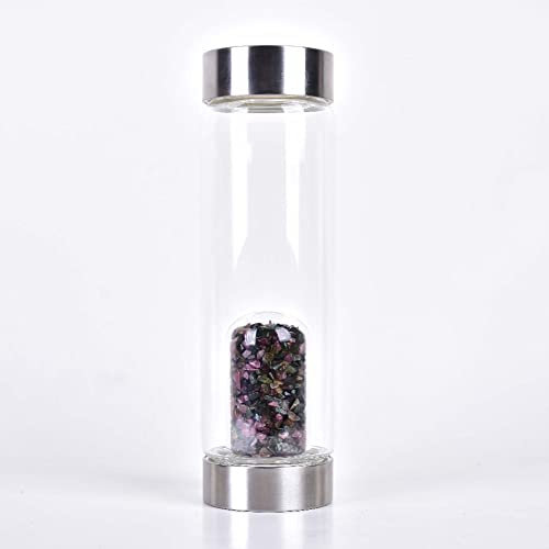 Wasserflasche Aus Naturkristall Edelstein-Glas-Wasserflasche Punkt Reiki Heilstab Elixier Kiessteinbecher Quarz-Edelstein-infundierte Wasserflasche Mit Abnehmbaren Edelsteinen Und Schutzhülle ( Color