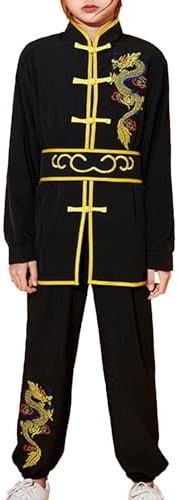 iiniim Kinder Kung Fu Uniform Jungen Mädchen Tai Chi Anzug Drache Stickerei Langarm Tops mit Hose Traditionelle Chinesische Kampfkunst Anzug Schwarz 158-164