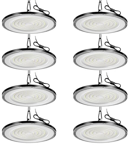 Viugreum 8 Paquetes de UFO LED 200W, Proyector LED exterior 20000LM, Blanco Frío 6500K, AC 85-265V IP65 Impermeable Iluminación de Taller, Led Industrial UFO con Cadena para Fábrica Taller Gimnasio