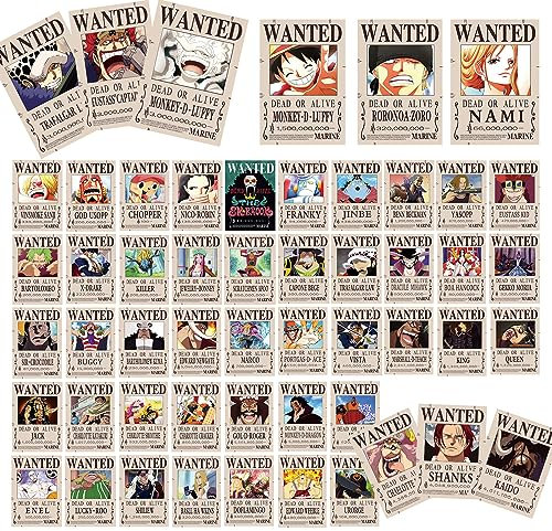 FISH DRAGATE 53 Stück Anime One Piece Poster 4x6 Zoll New Bounty Wanted Edition Strohhut Piraten Nika Ruffy Gear 5, Zoro Sanji Fifth Gear Ruffy, Kidd, Law, Wandcollage-Kits