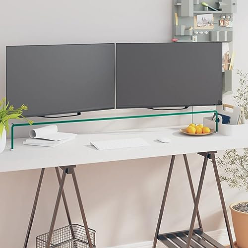 Tidyard Meuble TV/pour Moniteur 110x30x13 cm Verre Transparent, Support de Moniteur, Rehausseur d'écran de Bureau Meuble TV de Moniteur pour Ordinateur, TV, Imprimante